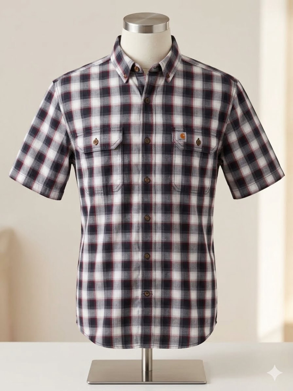 Carhartt Men’s Large Short Sleeve Plaid Button Down Shirt Black Red White